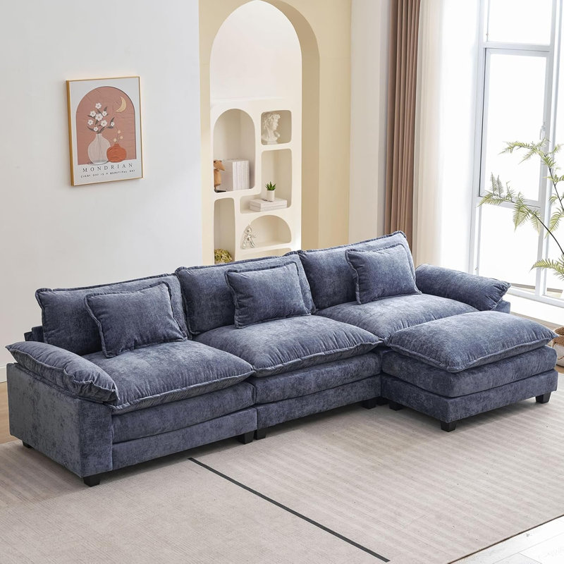 120" Sectional Sofa Comfy Cloud Couch for Living Room Modern Sofa Sleeper Deep Couches with Ottoman, Blue Chenille