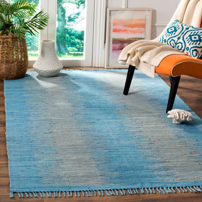 Tapis abstrait bleu clair en coton tissé à plat à la main Cayman