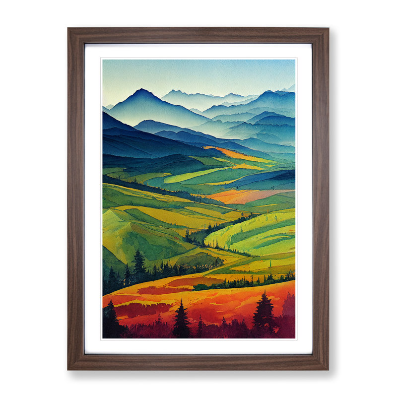Watercolour Meadow Landscape No.1 - Wall Art, 36cm H x 27cm W, Walnut Framed Paper, White