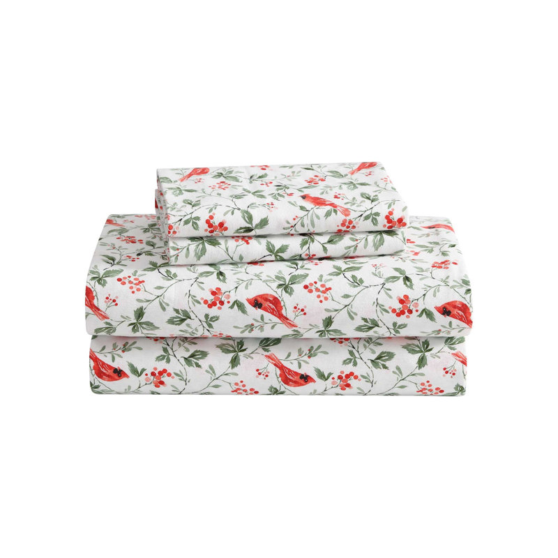 Brushed Cotton Flannel Sheet Set, King Sheet Set with 2 Pillowcases, Jolly Cardinals Red