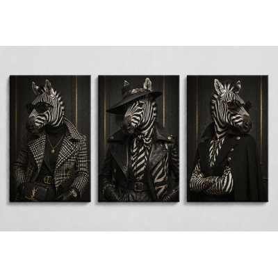 Grand ensemble de 3 zèbres à la mode, art mural moderne, impressions sur toile, bureau chic, décoration de salon 16 x 24 pouces - prêt à être accroché