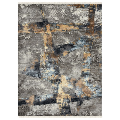 Tapis gris noué à la main à motif abstrait Zenith, 8 pi x 10 pi