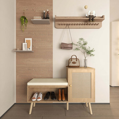 Banc de rangement pour chaussures 2 en 1 avec rotin PP et coussin amovible
