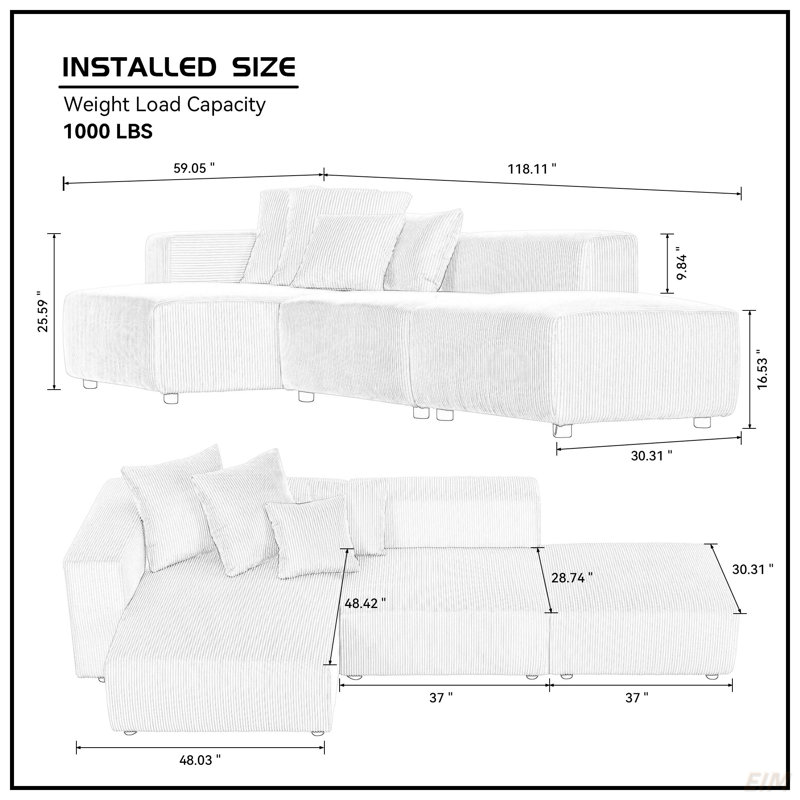 Canapé et chaise rembourrée Dubava, Tissu gris, H 25,59 po x l 155,11 po x P 59,05 po