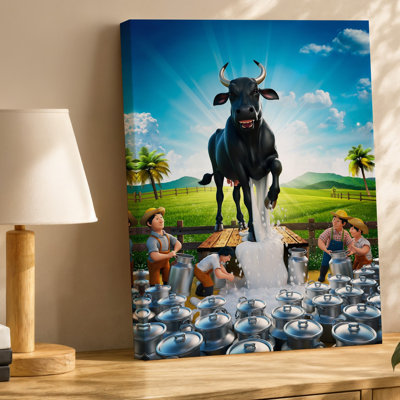 Toile, scène animée de style dessin animé représentant un grand taureau noir debout majestueusement sur une plateforme en bois avec art mural en toile
