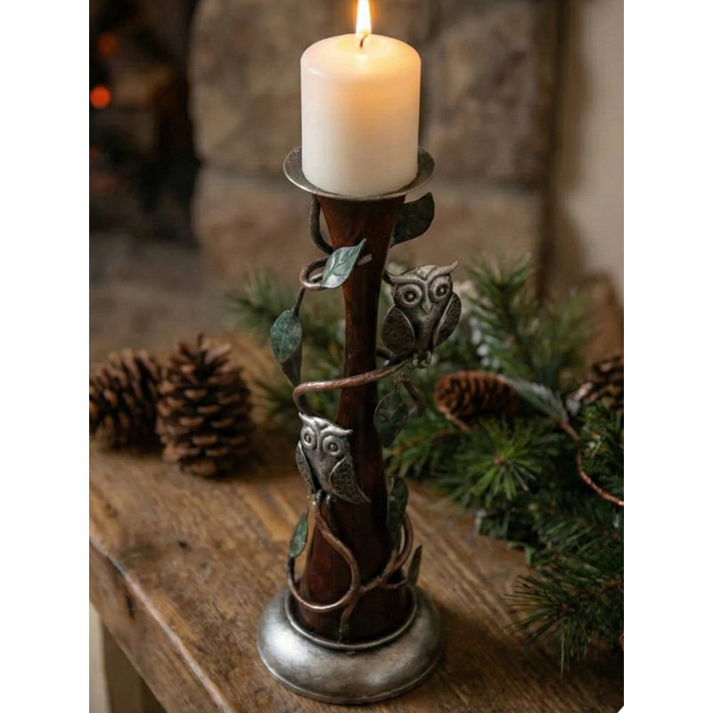 19" Handcrafted Iron Owl Candle Holder – Rustic Woodland Pillar Candle Stand Centerpiece