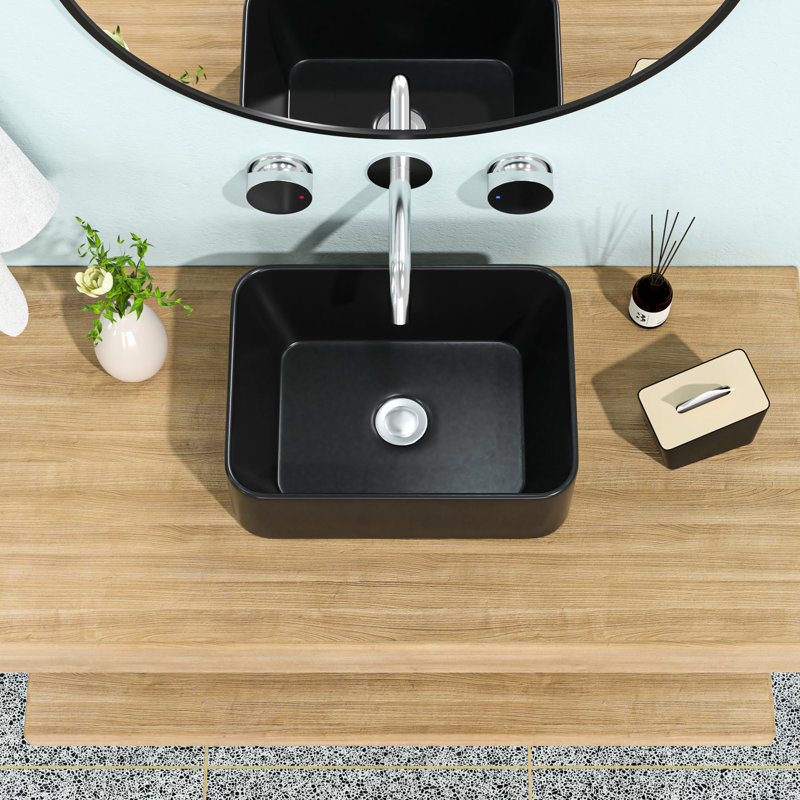 Lavabo de salle de bain vasque rectangulaire en céramique 16 po x 12 po - Moderne, à fixation sur teinture moderne, au-dessus du comptoir