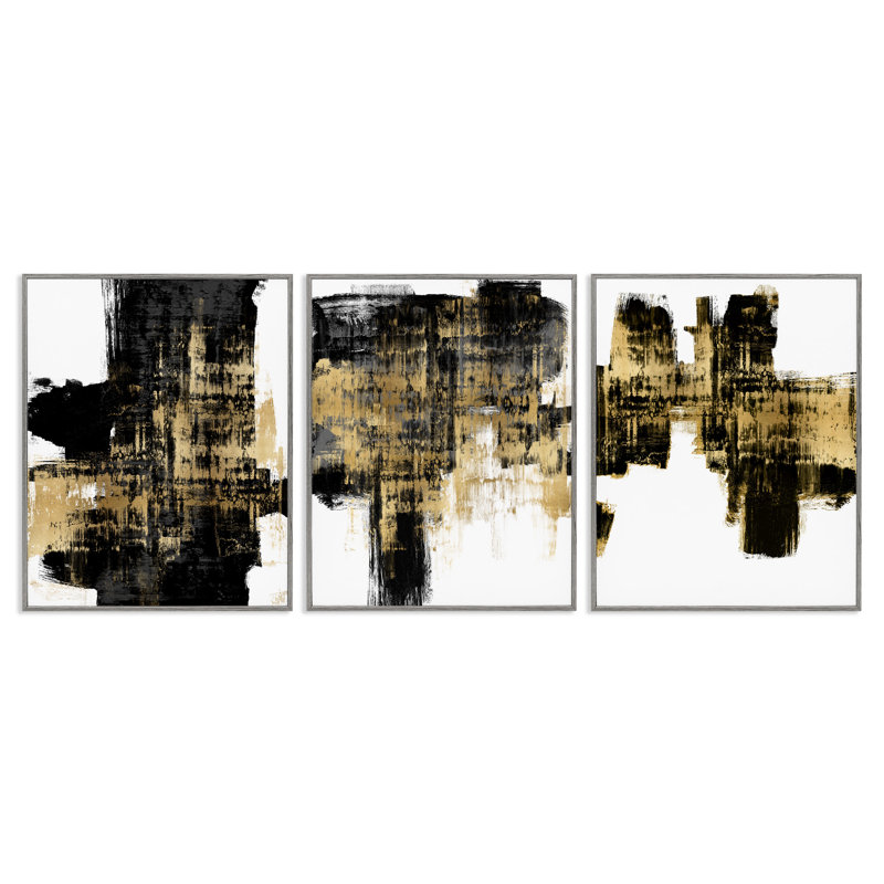 «Bold Black Brushstrokes Golden Distress Accent» par Alex Wise - ensemble de 3 impressions, Estampe numérique Farmhouse
