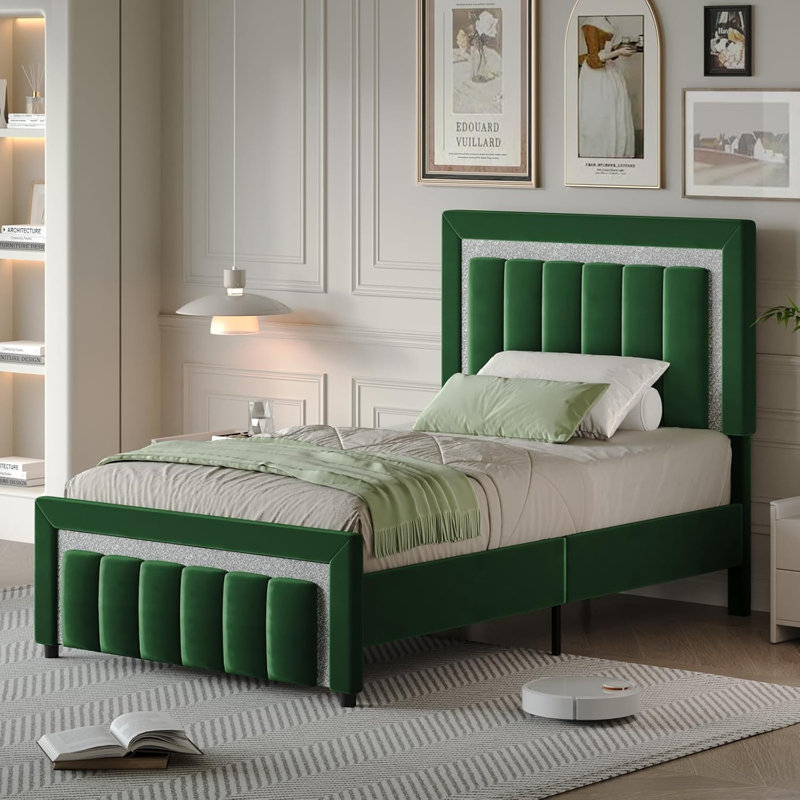 Velvet Upholstered Platform Bed Frame with Vertical stripes Headboard and Footboard and Footboard, Twin, Green