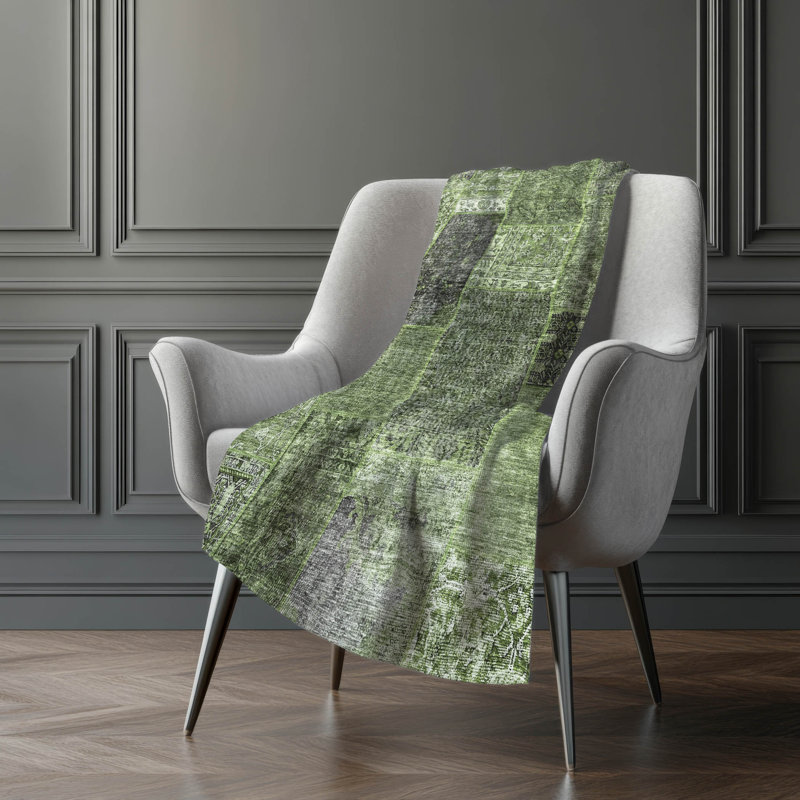 Addison Machine Washable Sherpa Throw Blanket, Olive, ASB669 Patchwork