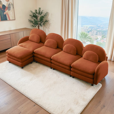 Wilroy Teddy Fabric 4-Seat Sofa, Curved Backrest And Armrest With Pillows, Modular 4 Seater Couch With Movable Ottoman And Supportive Double-Layer Cushion