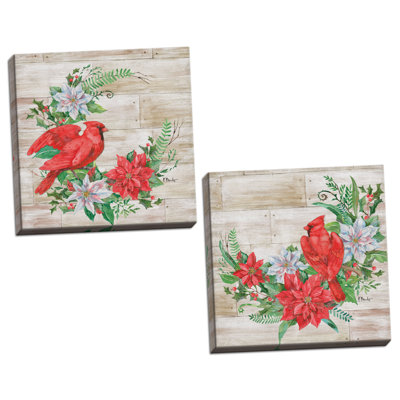 Holiday Holiday Cardinal and Poinsettia Floral par Paul Brent - ensemble de 2 reproductions d'impressions