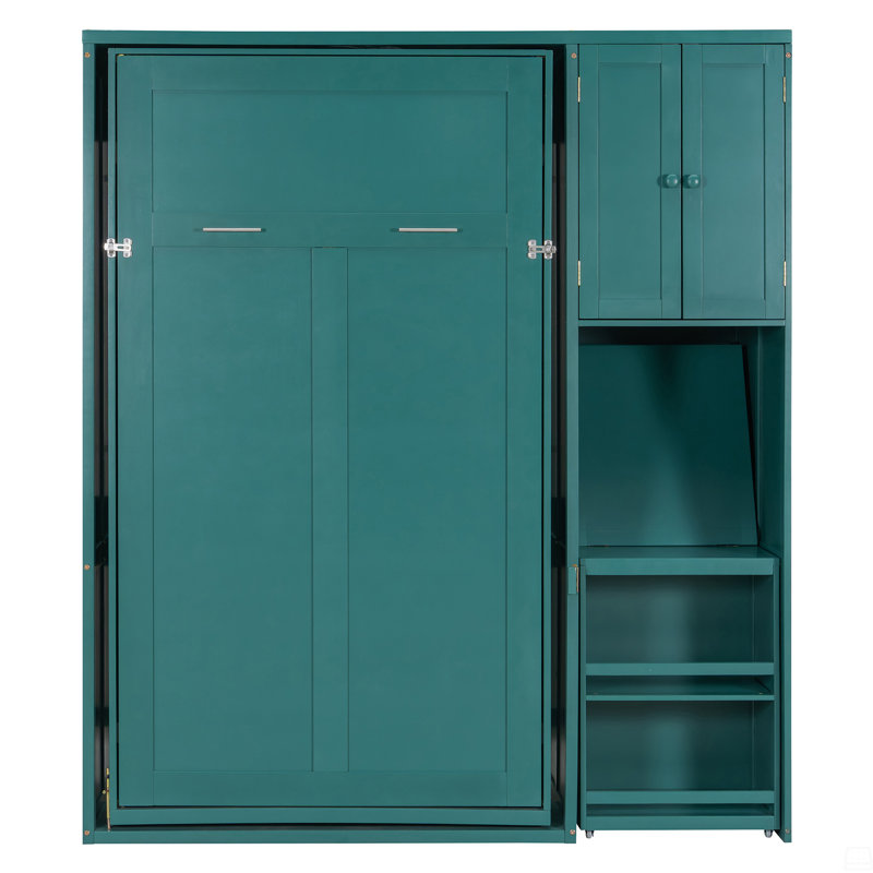Lit escamotable mural simple avec bibliothèque, armoire supérieure, bureau extensible et rangement latéral, Bleu