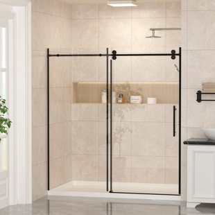 Porte de douche coulissante sans cadre de l 68 po à l 72 po x H 76 po avec verre trempé de 3/8 po GCC, quincaillerie 304