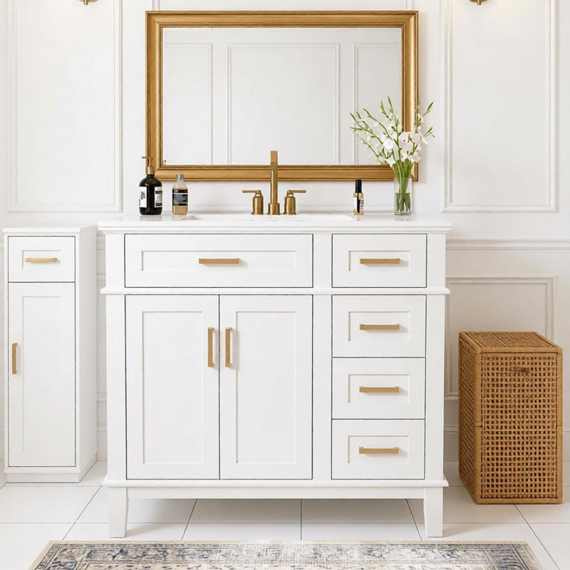 Meuble-lavabo moderne 36 po avec lavabo en céramique blanc, portes à fermeture douce, 4 tiroirs de rangement, conception élégante pour les petites salles de bain
