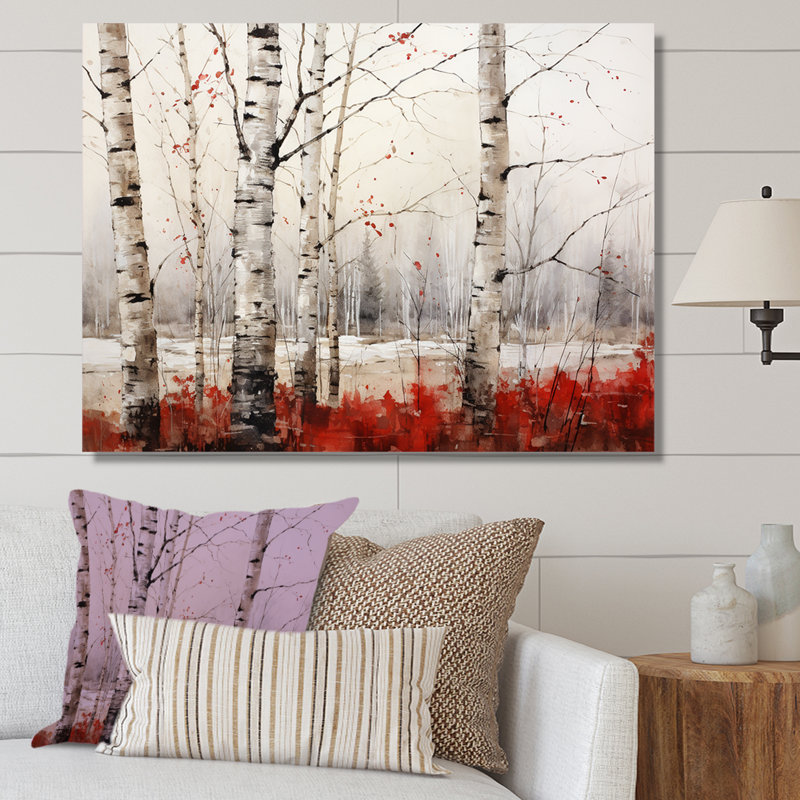 Impressions sur toile de bouleau blanc et rouge en hiver II, Toile tendue, 30" H x 40" W