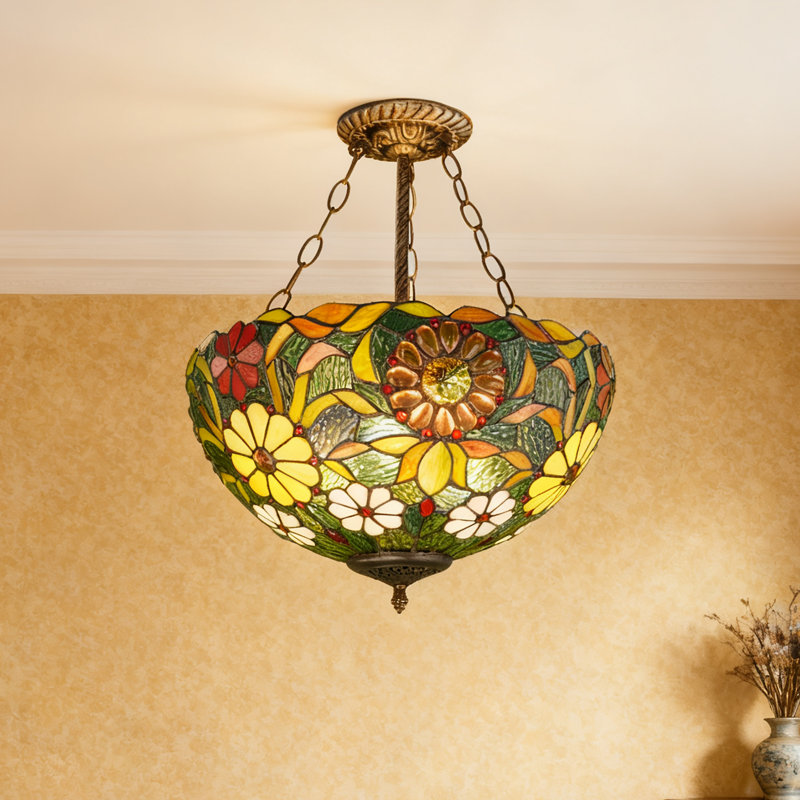 Plafonnier semi-encastré 3 lumières Tiffany, vitrail bronze