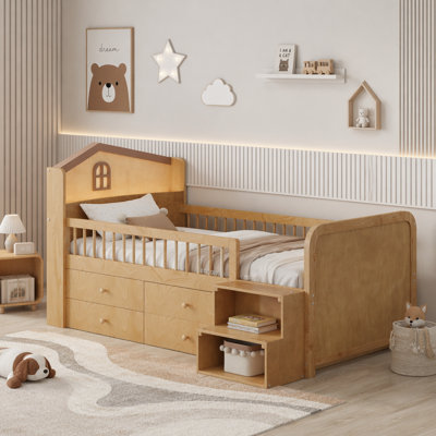 Low Loft Bed with LED Lights and Storage Drawers