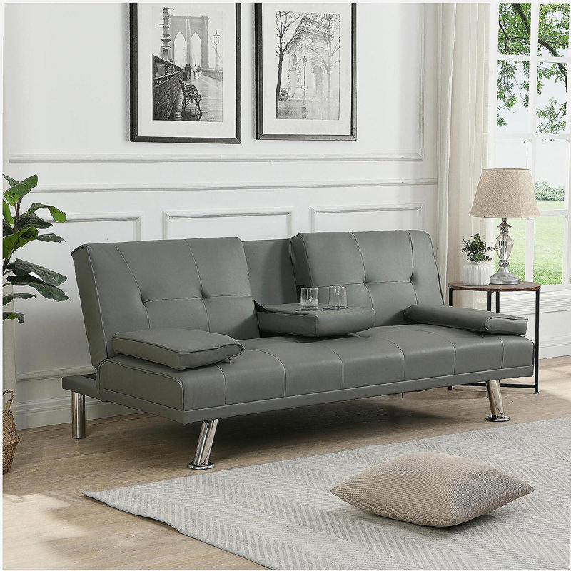 Two-way Armrest Sofa Bed, wood frame, stainless steel legs, armrest grey, not available, Gray