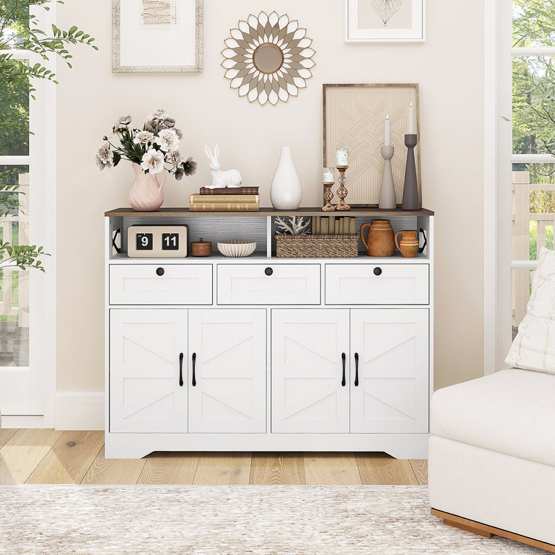 Buffet, buffet avec 4 portes de grange et 3 tiroirs, Blanc