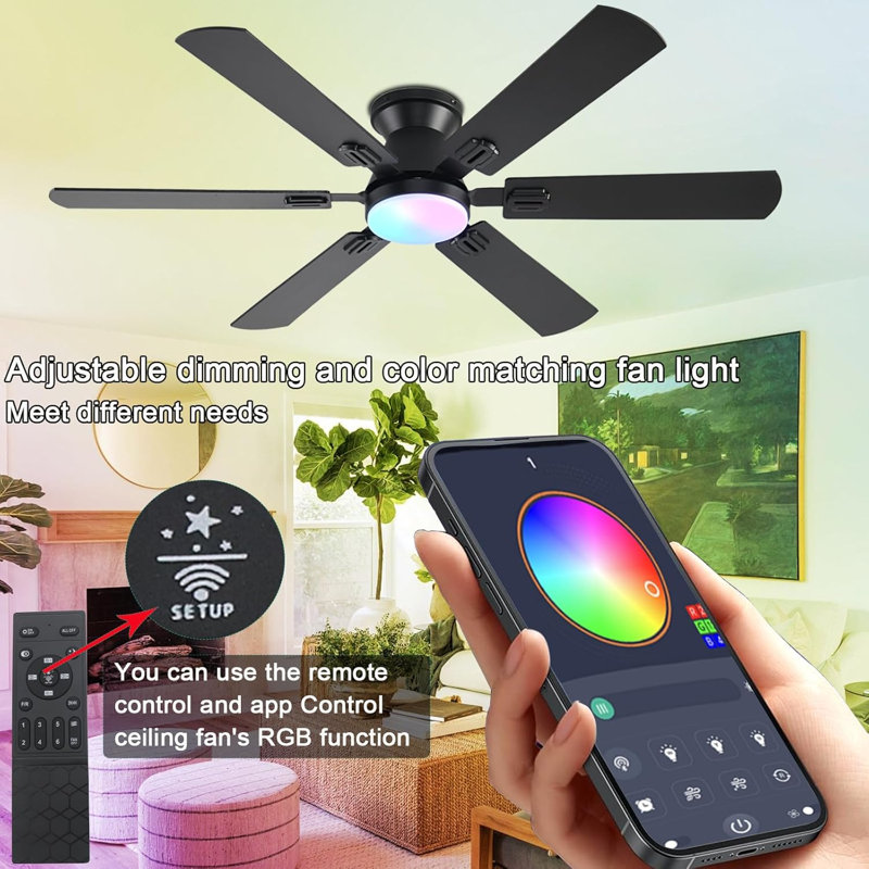 56" RGB Ceiling Fans With Lights - App & Remote Control, Quiet Reversible DC Motor, Flush Mount Double-Sided Blades, 3CCT Dimmable, Smart Low Profile Ceiling Fan For Bedroom Kids Room