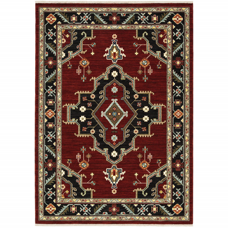 Tapis oriental rouge et noir tissé à la machine avec franges