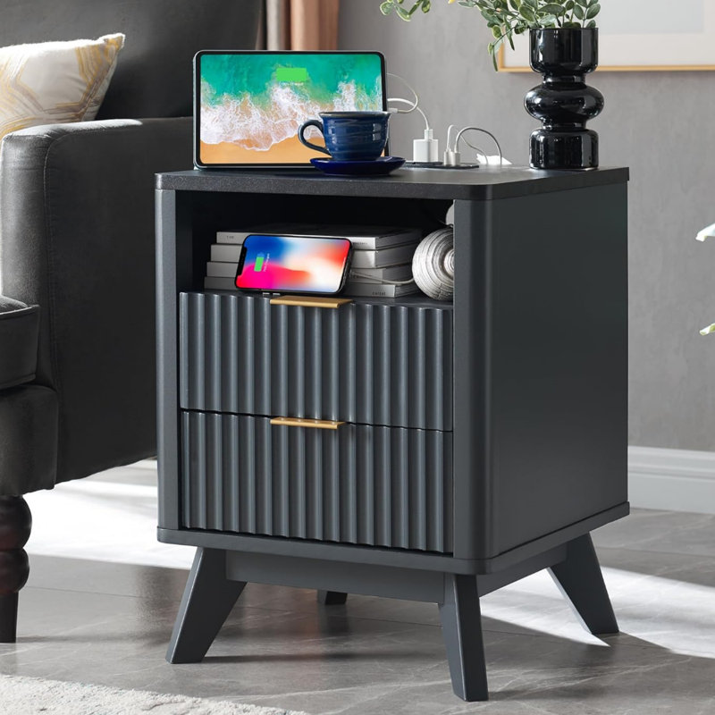 Hardester Vintage 2 - Drawer Nightstand with Charging Station, Bedside Table with Open Shelf, Dark Grey