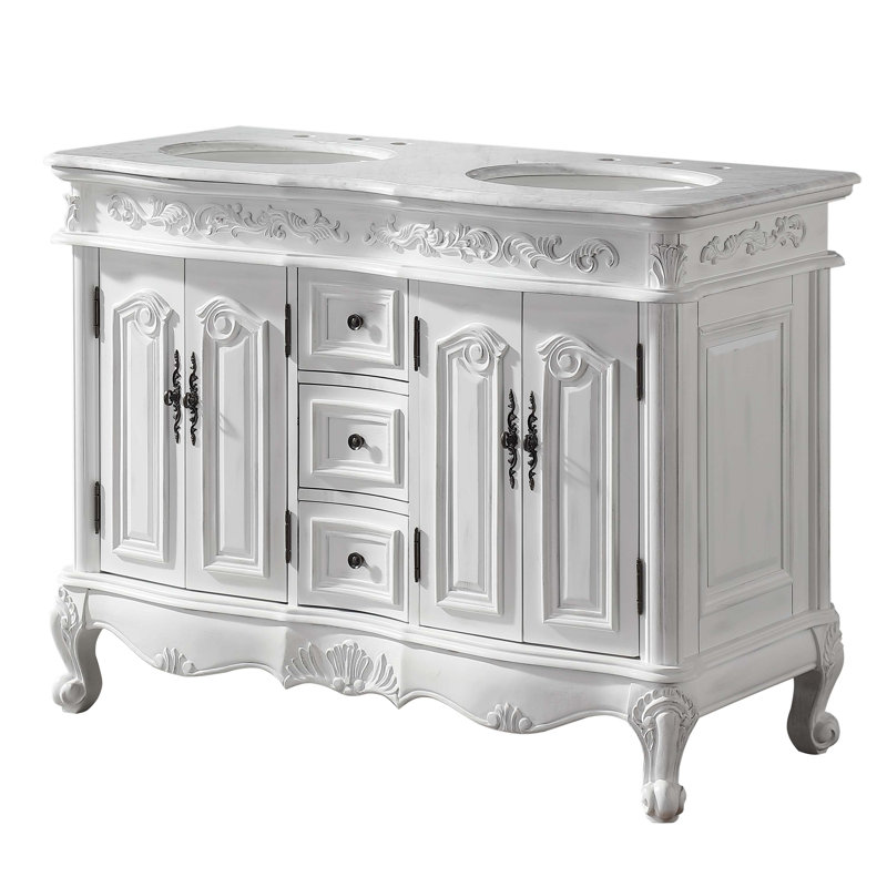 Adonai 48'' Double Bathroom Vanity with Stone Top, Antique White, Carrara Marble