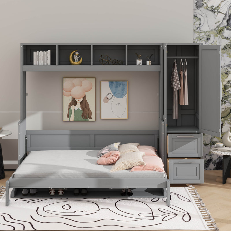Lit escamotable peu encombrant avec garde-robe intégrée et rangement pour tiroirs, Gris, Grand lit