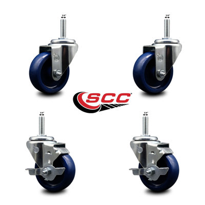 3.5 Inch_Solid Poly Wheel Swivel 3/4 Inch_Threaded Stem Caster Set 2 Brakes