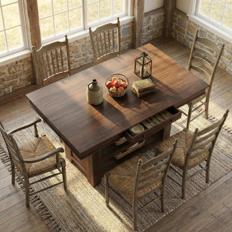 Table de salle à manger 60 po à hauteur de comptoir pour 4 à 6 personnes - Îlot de cuisine avec support à vin, 2 tiroirs et tablettes ouvertes - Rangement fixe à 4 niveaux pour la salle à manger ou la cuisine