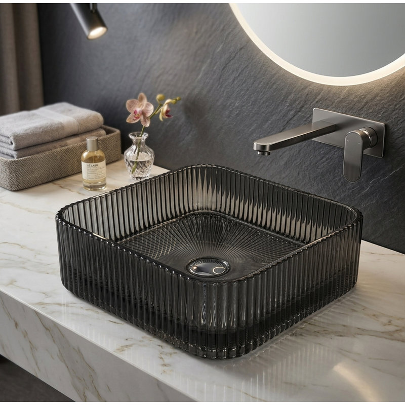 Lavabo de salle de bain vasque carré en verre trempé 15 ", Gris