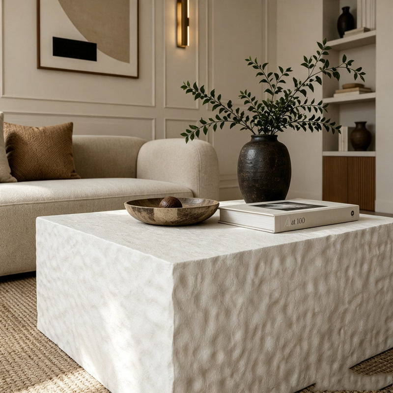 Table basse carrée, H 13,98 po x l 27,56 po x P 27,56 po, Blanc crémeux