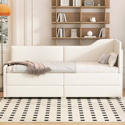 Lit de jour rembourré en L en velours côtelé beige avec 2 tiroirs de rangement