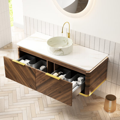 Meuble-lavabo de 48 po avec vasque en céramique blanche à motif de pierre, plateau fritté, tiroir de rangement en contreplaqué, tiroirs avec fermeture en douceur et comptoir à capteur, armoire à tiroirs, système de détection automatique