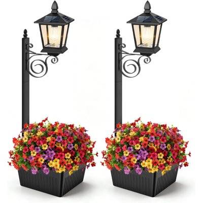 Paquet de 2 lampadaires solaires avec pot à fleurs, pots de fleurs d'extérieur 35 po 2-en-1, lumières solaires 2700K imperméables pour la porte d'entrée de la terrasse du jardin de porche - marche / arrêt automatique, aucun câblage nécessaire