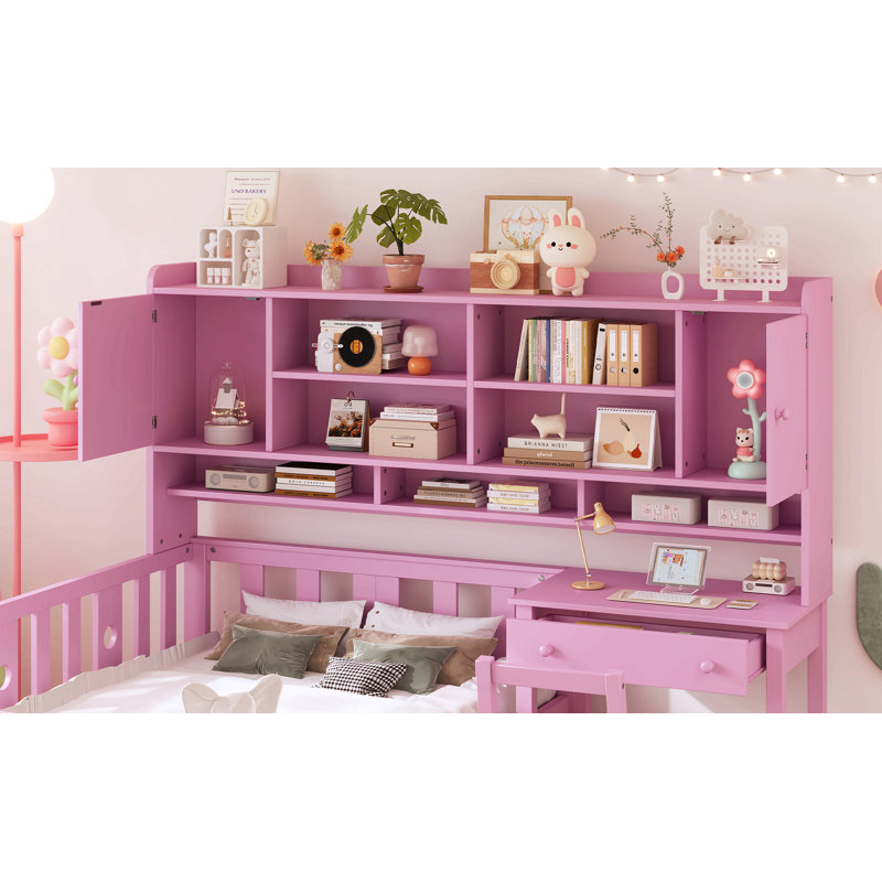 Twin Size Multifunctional Wood Platform Bed With Bookshelf At The Head Of The Bed, Built-In Desk And Matching Chair, Pink
