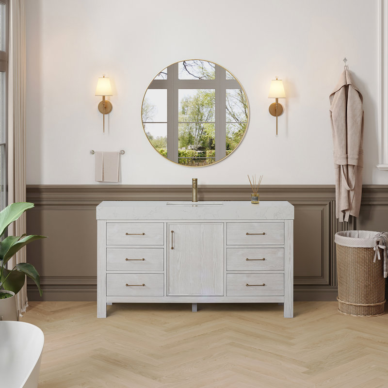 Ensemble de meuble-lavabo simple 60 po Arrington, Blanc, Doré, Blanc délavé