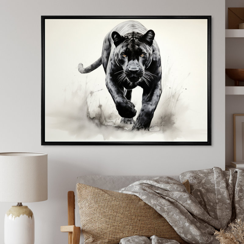 Grey White Panther Silent Stalker Ink - Animals Canvas Wall Art, H 12 po x l 20 po, Cadre photo blanc