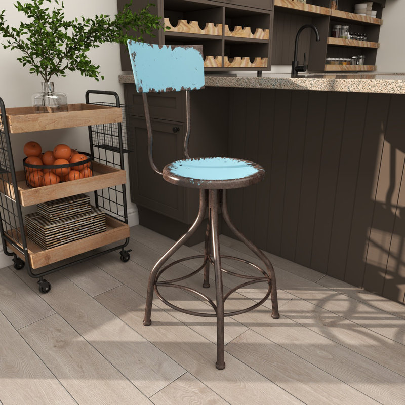 Tabouret de bar en métal patiné avec pieds et dossier en bronze industriel et Nuri, Bleu aqua