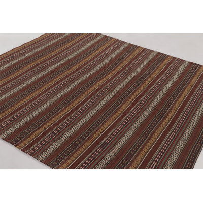 Vintage  Kilim, Polychromatic Stripes With Geometric Motifs - Rug & Kilim