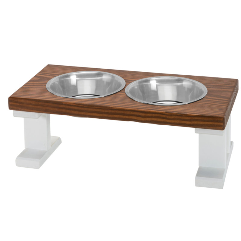 Chestnut and White Elevated Stainless Steel Pet Feeder, 8 Inch