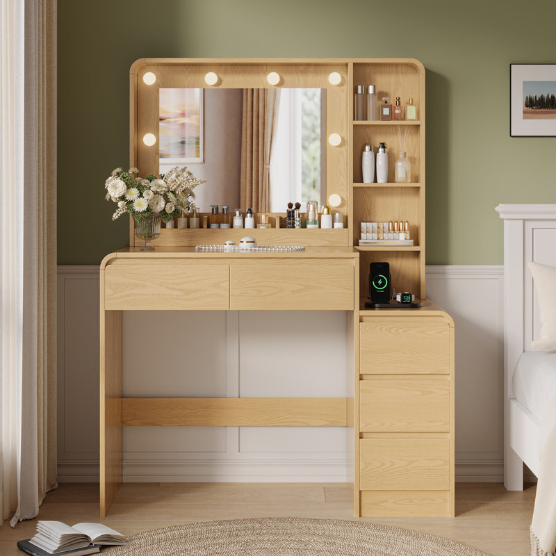 Bureau de meuble-lavabo moderne de 39 po avec miroir à DEL réglable 3 couleurs et station de charge multi-ports, 5 tiroirs et tablettes latérales ouvertes