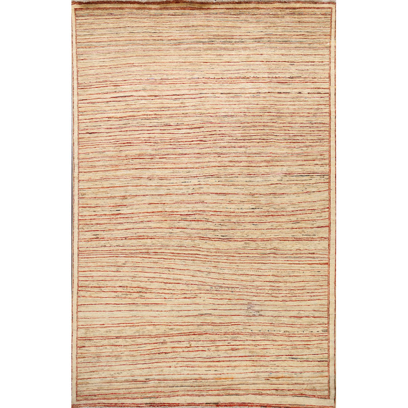 Tapis beige en laine noué à la main de conception unique 6 pi 6 po x 8 pi New Age