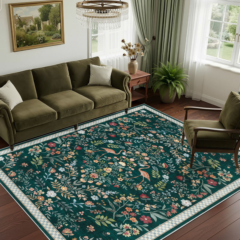 Washable Farmhouse Floral Area Rug with Non-Slip for Bedroom Nursery Living Room Decor-Green, Rectangle 6' x 9', Green