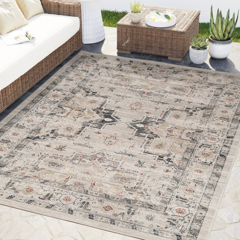 Abani Teuton DAL160A Indoor/Outdoor Distressed Cream Blue Area Rug, 4' x 6'