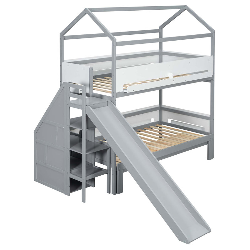 Lit superposé en bois en forme de maison avec lit inférieur convertible et glissade intégrée, Gris / Blanc
