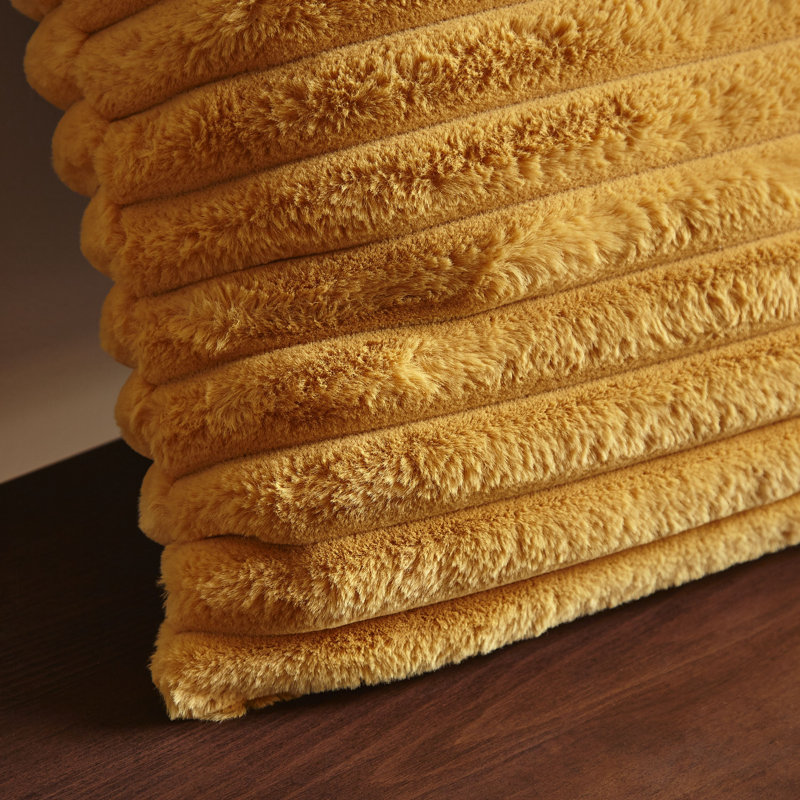 Cosy Ribbed Faux Fur Cushion Cover, Mustard