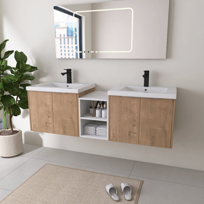 Acorn 60" Wall Mounted Double Bathroom Vanity Set With Resin Sink，A Small Storage Shelf
