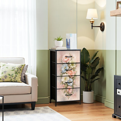 Commode 4 tiroirs pour chambre à coucher, commode étroite, plateau en bois et structure en fer 18 po x 37,5 po - (l x H) - avec un bouquet floral pastel doux et des pivoines roses, impression de style aquarelle